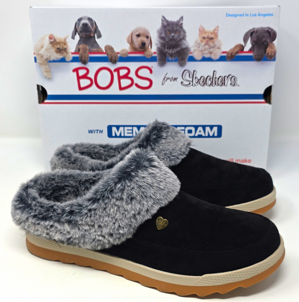 BOBS from Skechers Cozy Chill Clog Slippers Memory Foam Vegan Black Gray 8.5 M